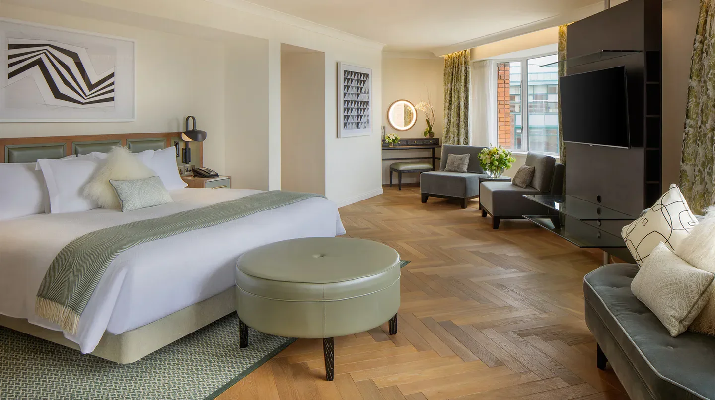Spacious and elegant guest room at the Conrad Dublin hotel in Dublin, Ireland.