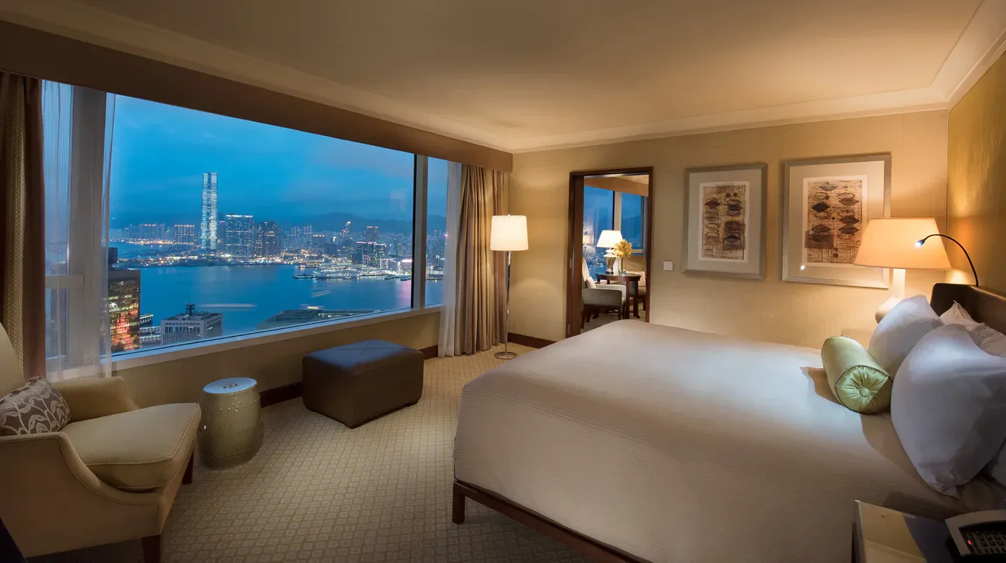 Luxury hotel room at Conrad Hong Kong with stunning city views in Hong Kong.