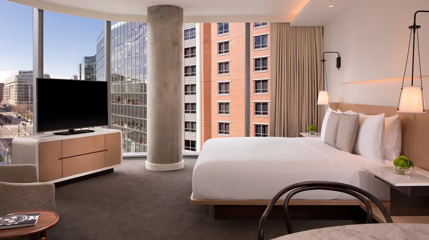 Modern hotel room at Conrad Washington, DC, with city views in Washington.