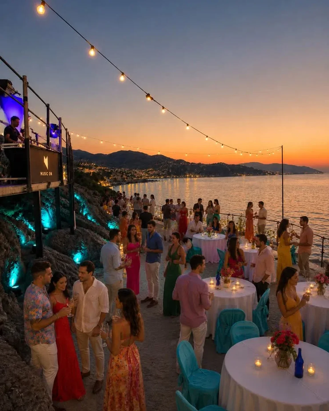 Guests mingle at Covo di Nord-Est nightclub on the Italian Riviera during a sunset party event.