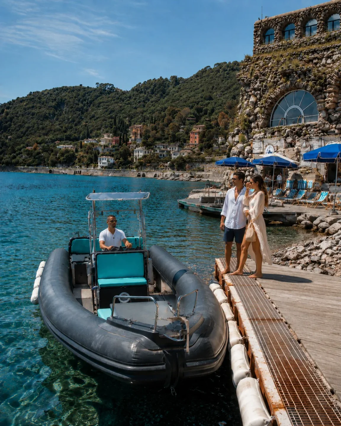 Covo di Nord-Est restaurant exterior on Italian Riviera with boat and couple on dock