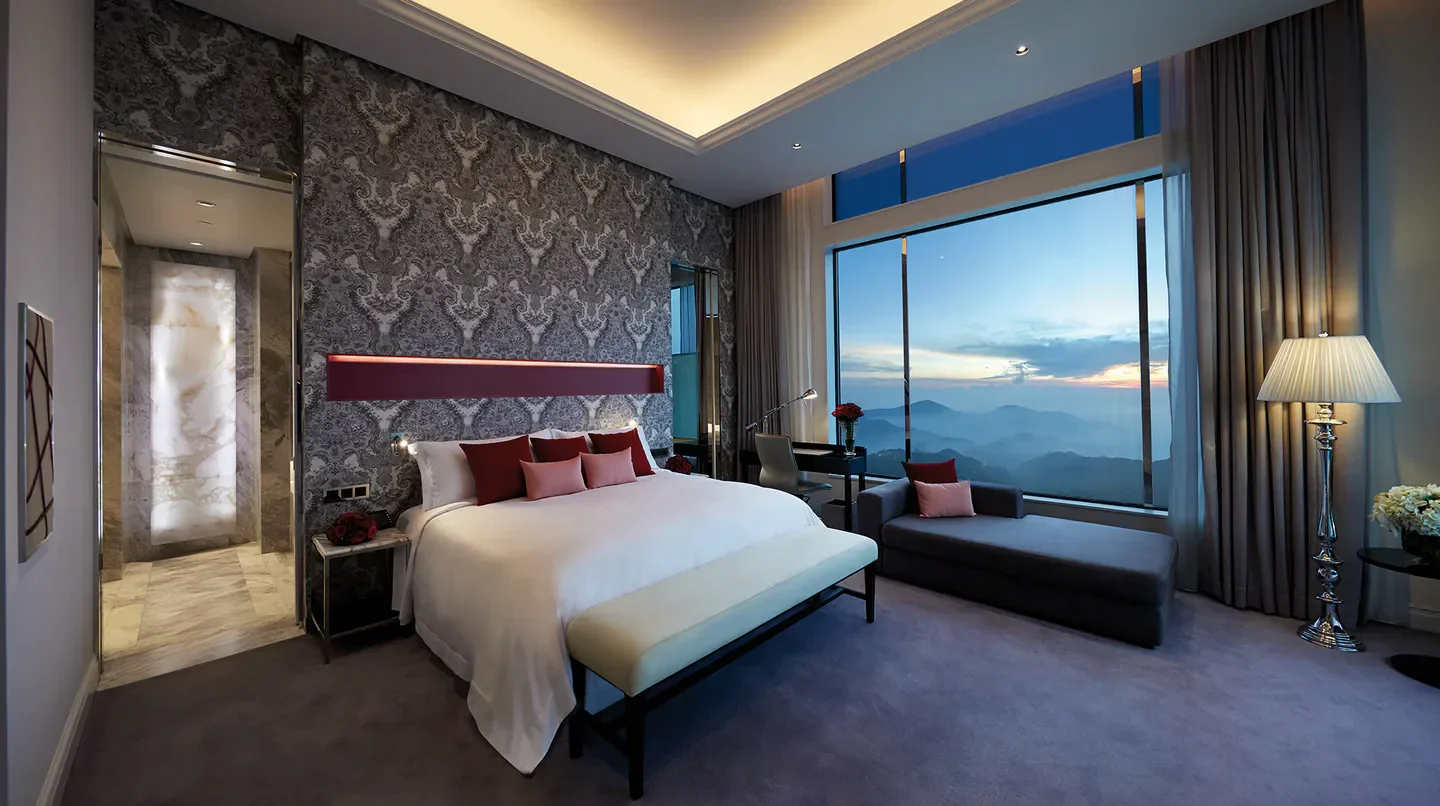 Luxury bedroom at Crockfords at Resorts World Genting in Kuala Lumpur with mountain view