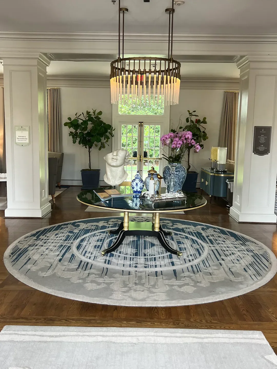 Elegant interior at Crossroads Chapel Hill, featuring a stylish rug, Durham restaurant.