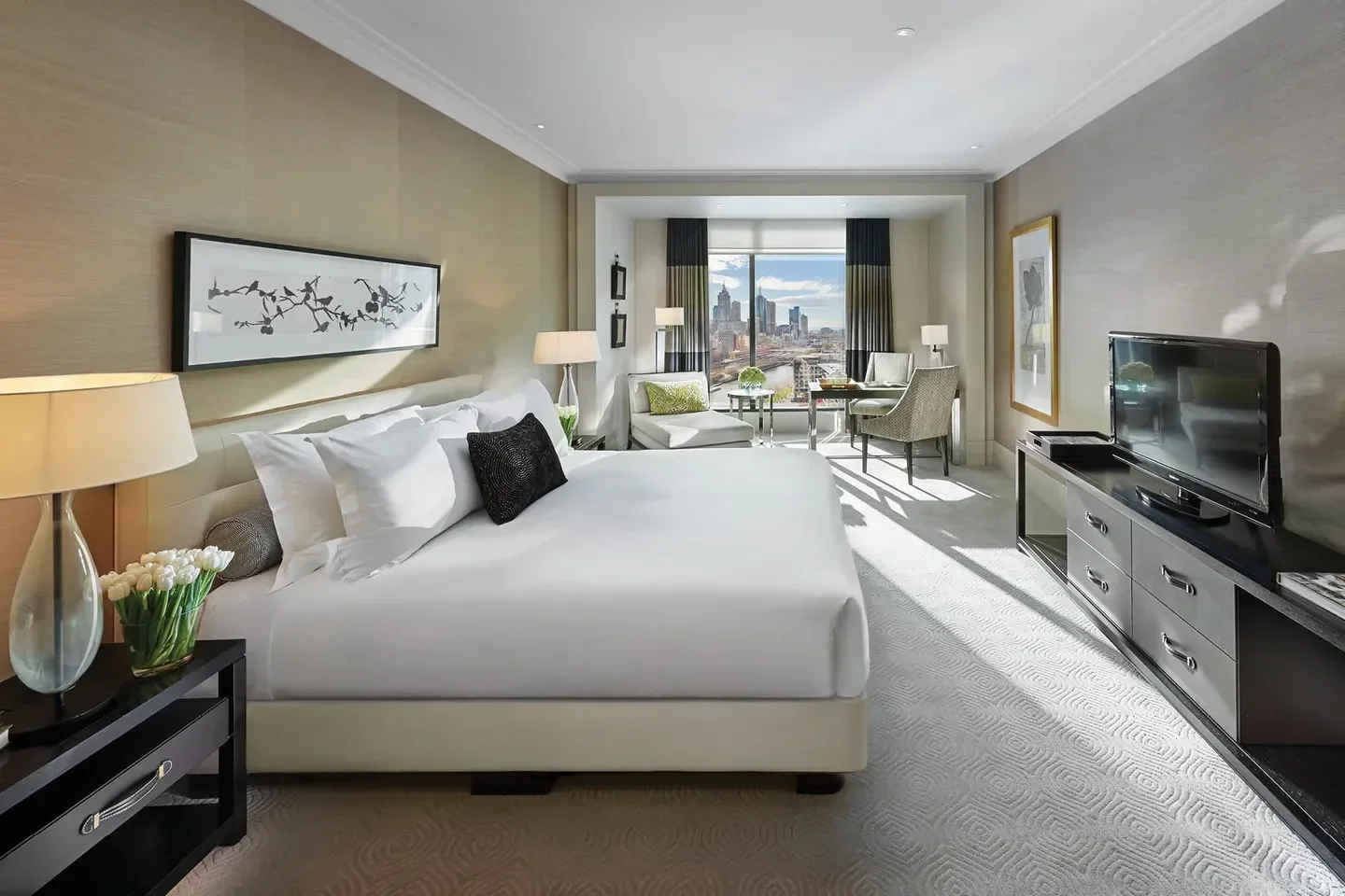 Elegant hotel room at Crown Towers Melbourne, with stunning city views in Melbourne.