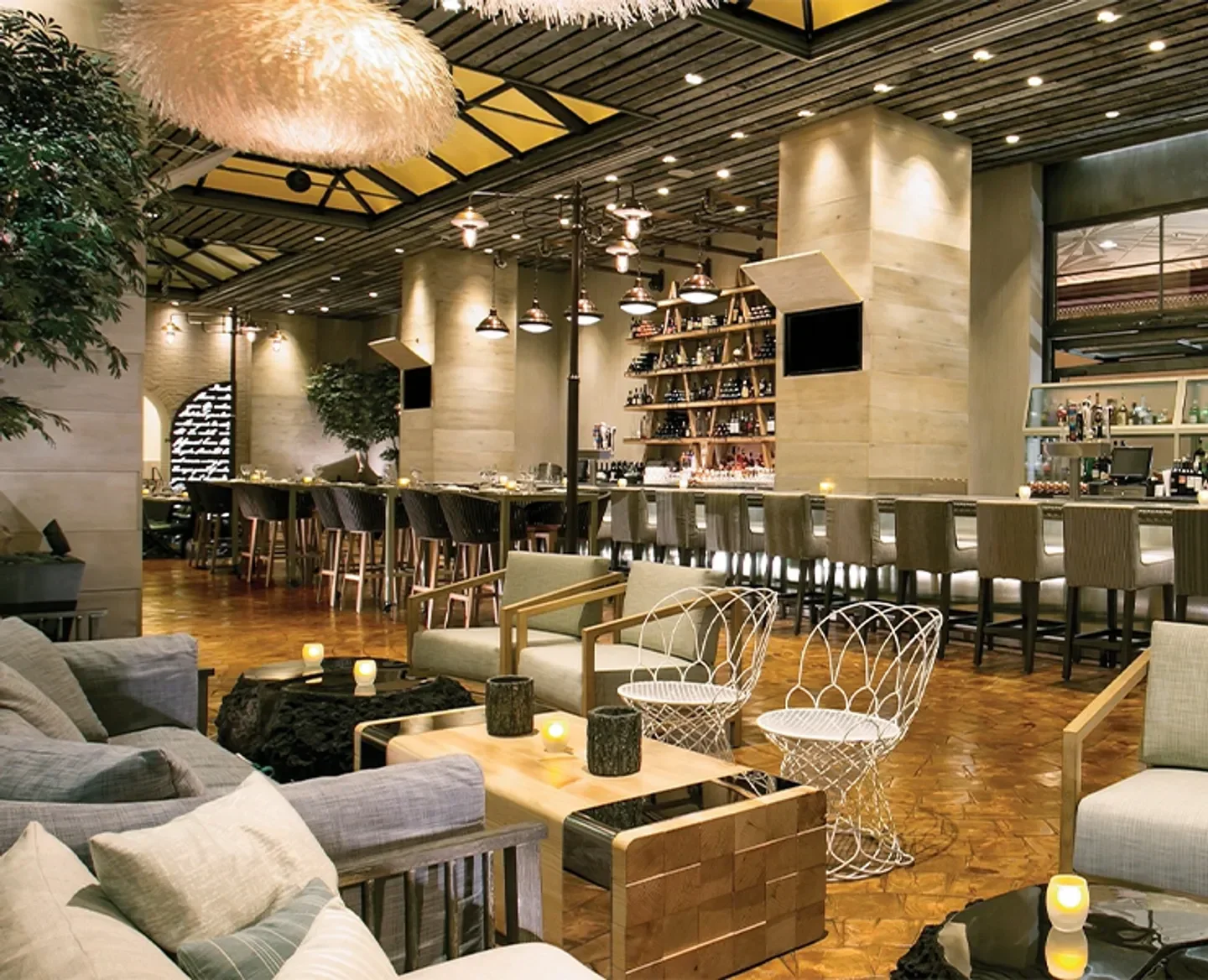 Interior of CRUSH restaurant in Las Vegas, featuring bar and lounge seating areas.