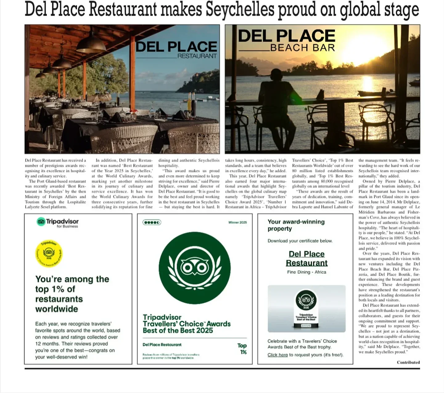 Del Place Restaurant in Victoria, Seychelles, showcasing TripAdvisor awards and fine dining