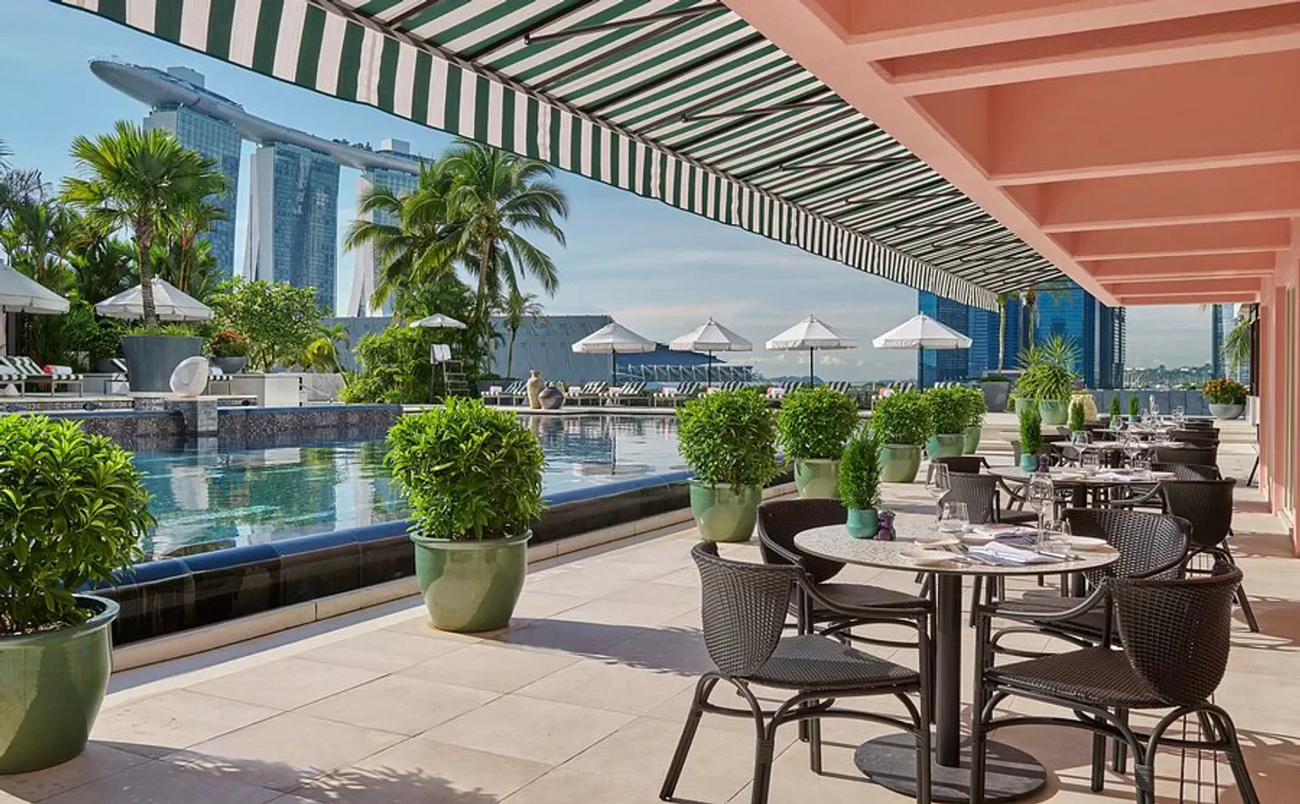 Dolce Vita restaurant terrace in Singapore with pool and Marina Bay Sands view