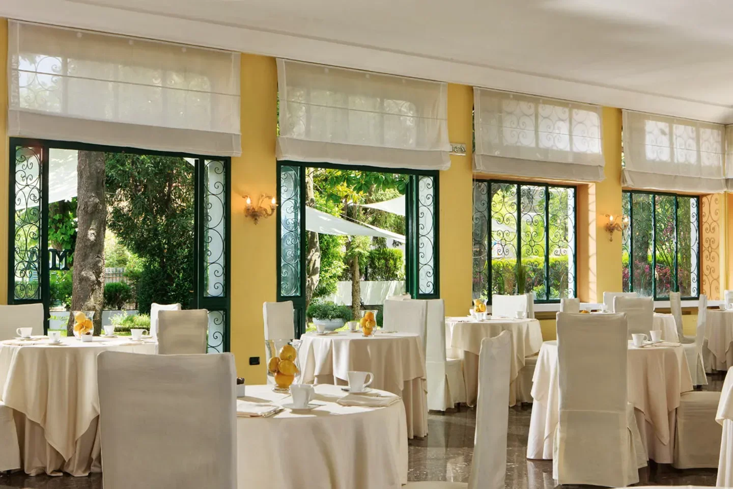 Dining room at Don Geppi restaurant on the Amalfi Coast with a view.