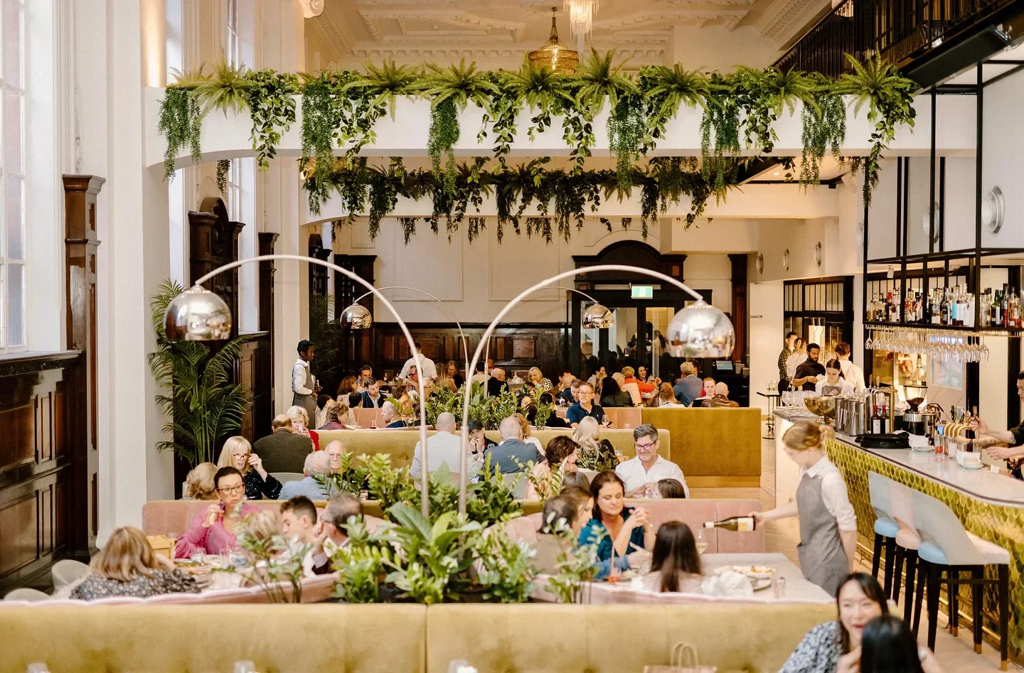 Interior dining scene at Donna Chang restaurant in Brisbane, with lush greenery and patrons