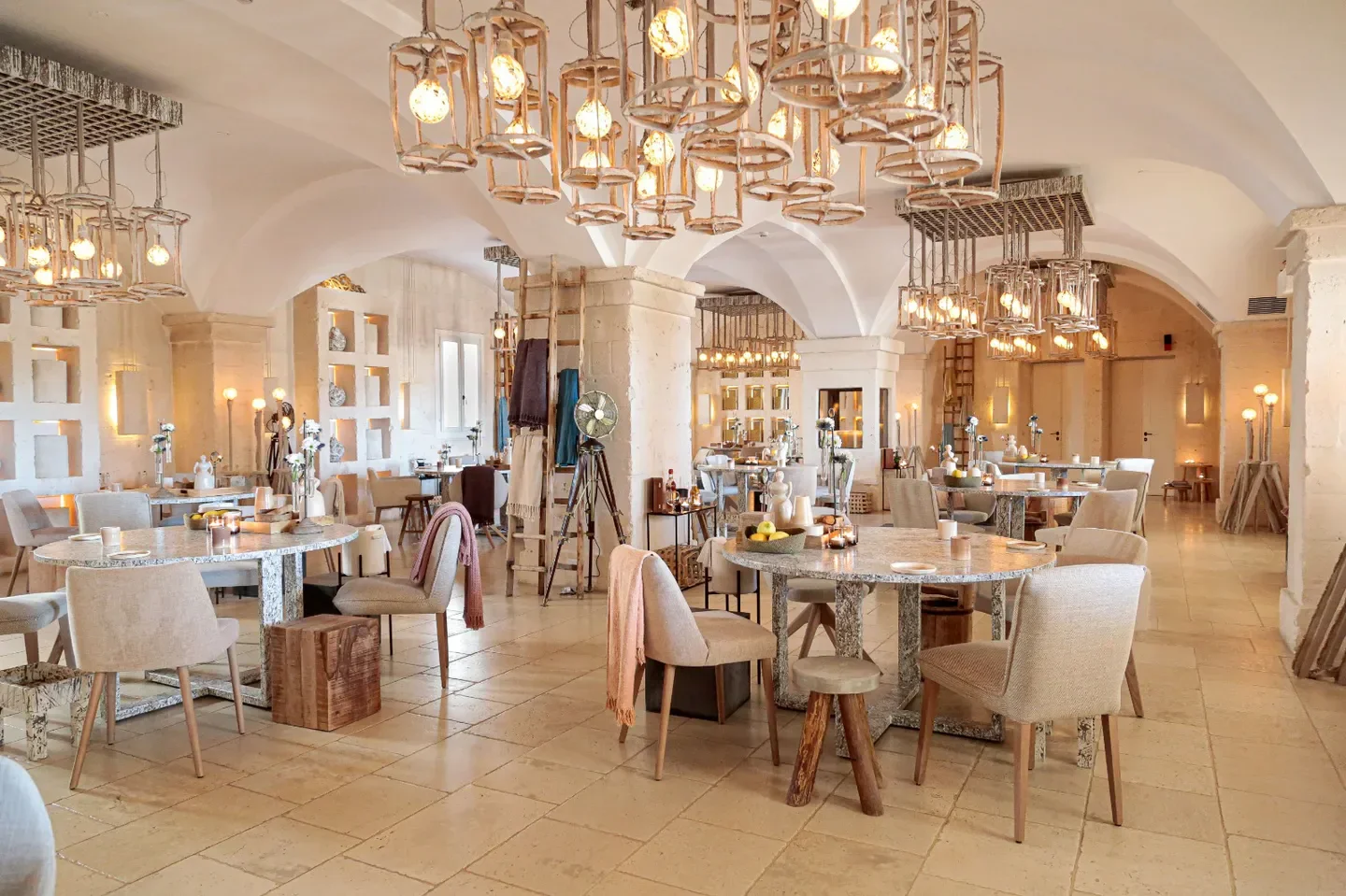 Due Camini restaurant in Puglia, Italy, featuring a stylish and elegant interior space.