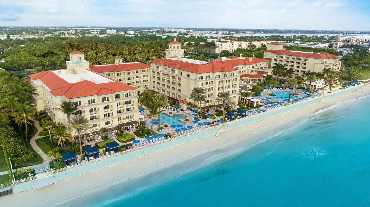 Aerial view of Eau Palm Beach Resort & Spa, oceanfront hotel in Palm Beach.