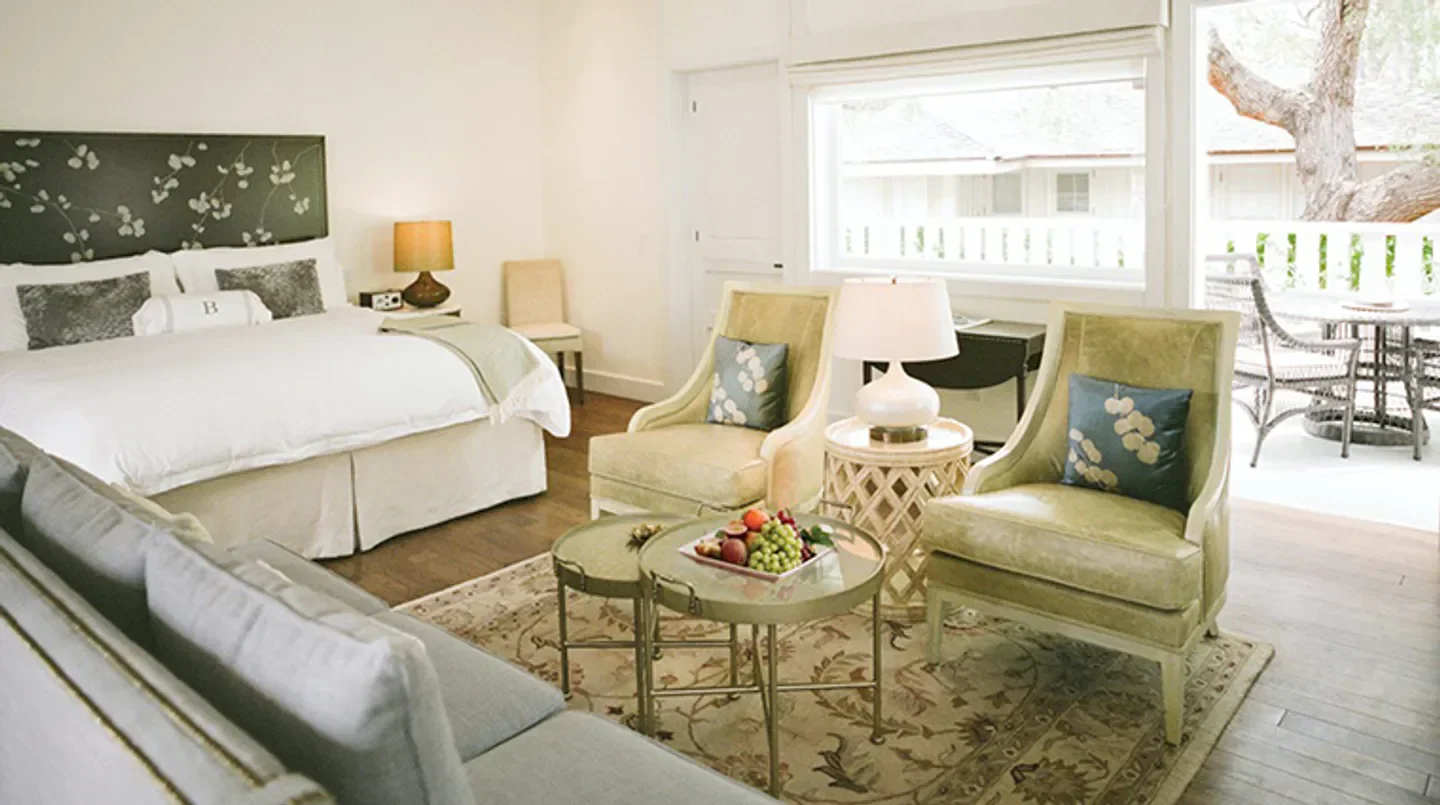 Elegant suite interior at El Encanto, A Belmond Hotel, Santa Barbara with terrace views.