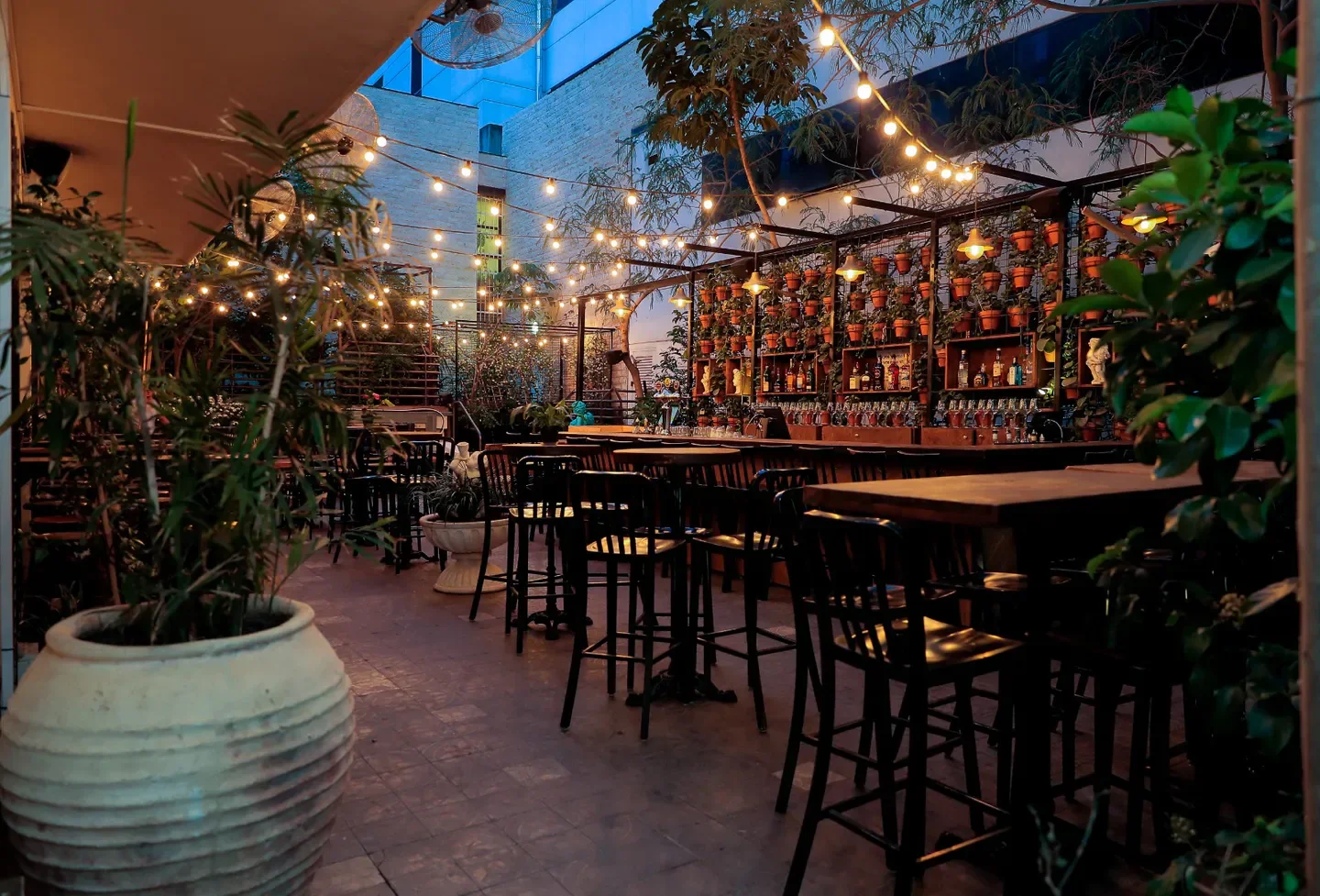 Emesh restaurant in Tel Aviv. Outdoor bar area with string lights and lush greenery.