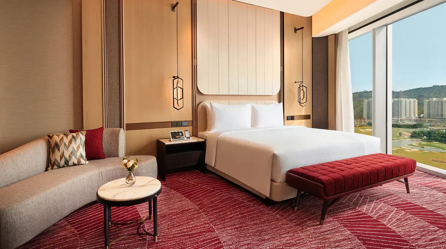 Luxury hotel room at Epic Tower at Studio City Macau with city views