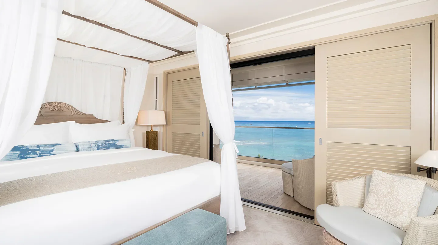 Bedroom with ocean view at ESPACIO The Jewel of Waikiki in Oahu, Hawaii.