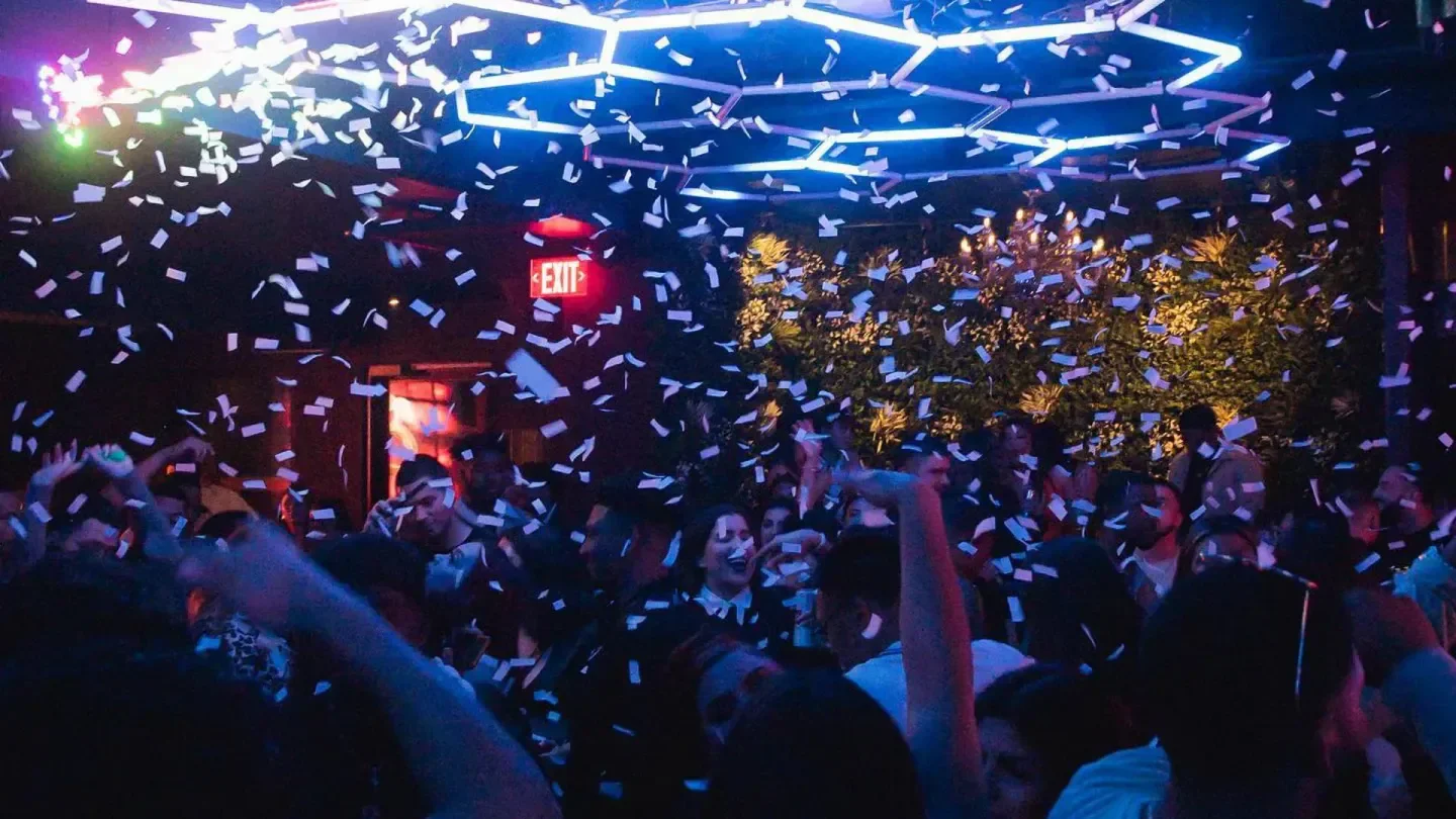Confetti falling at Eve Nightclub in San Francisco during a lively party.