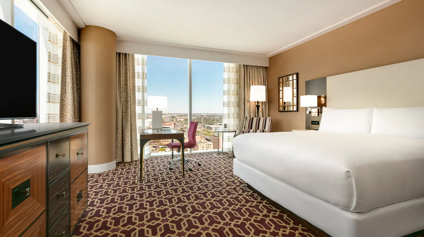 Elegant hotel room at Fairmont Austin with city views of Austin, Texas.