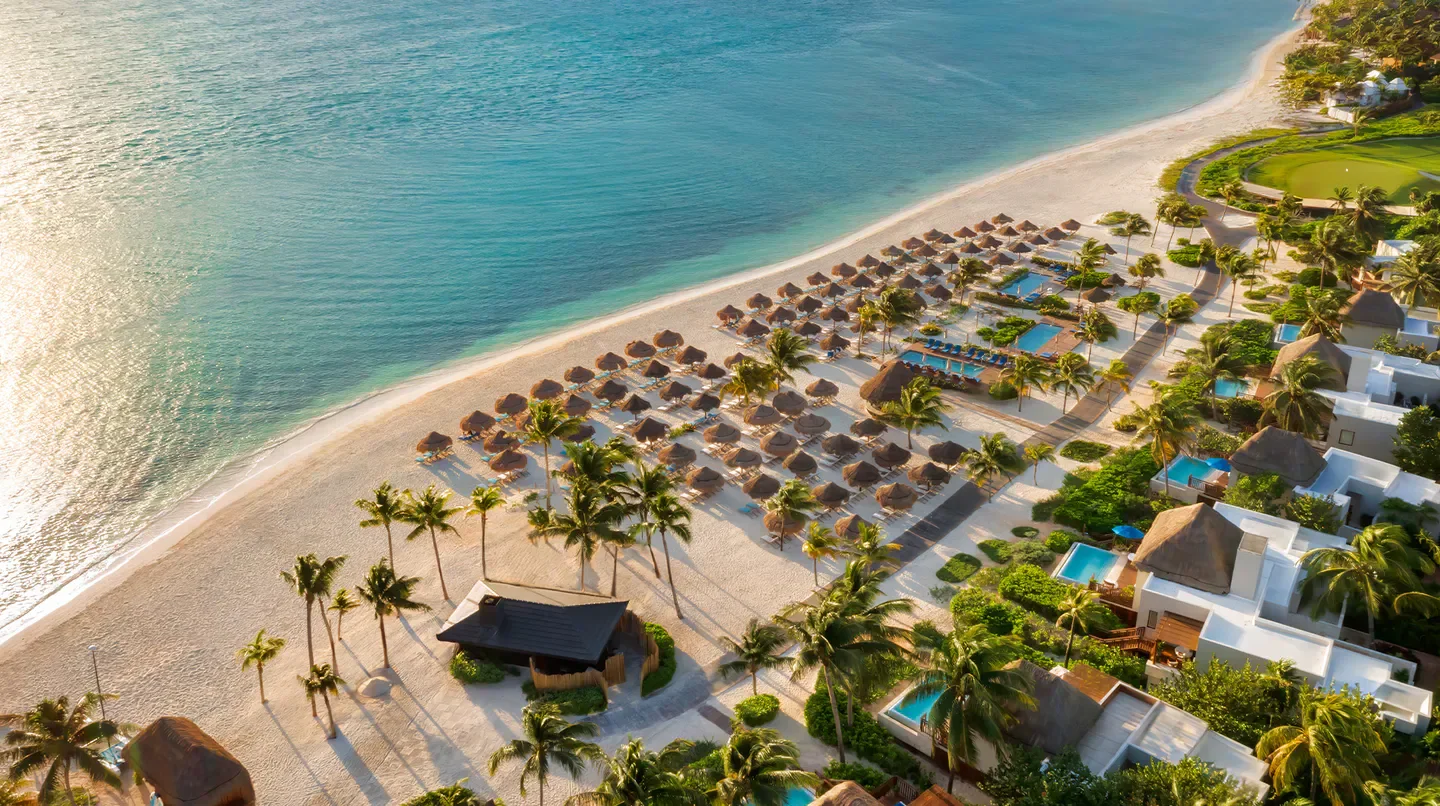 Aerial view of Fairmont Mayakoba, Riviera Maya beachfront in Playa del Carmen, Mexico.