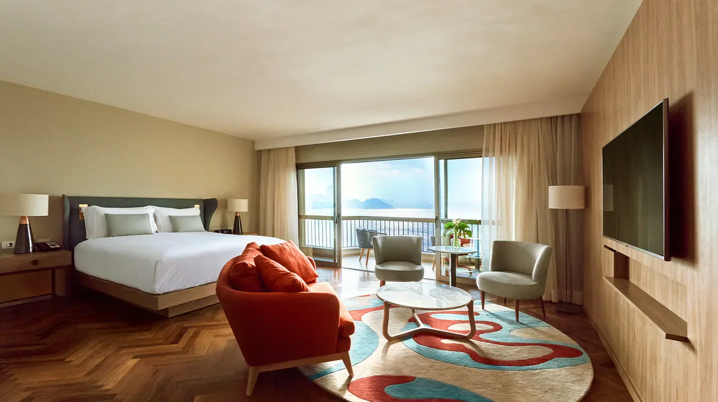 Spacious suite at Fairmont Rio de Janeiro Copacabana with ocean views in Rio de Janeiro.
