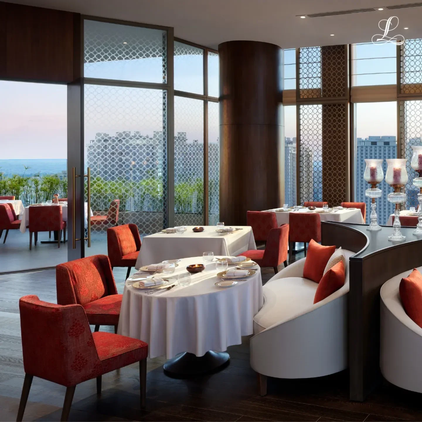 Elegant dining at Falak restaurant in Bengaluru, with city views and stylish decor.