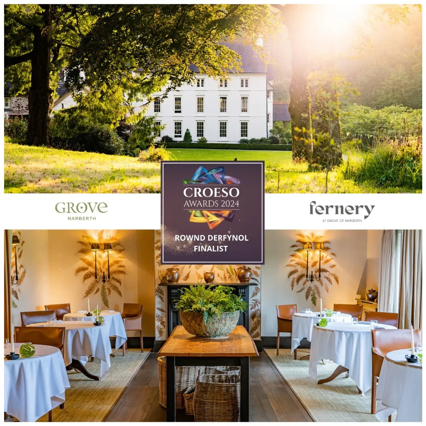 Exterior and interior views of Fernery Restaurant in Wales; a beautiful dining experience.