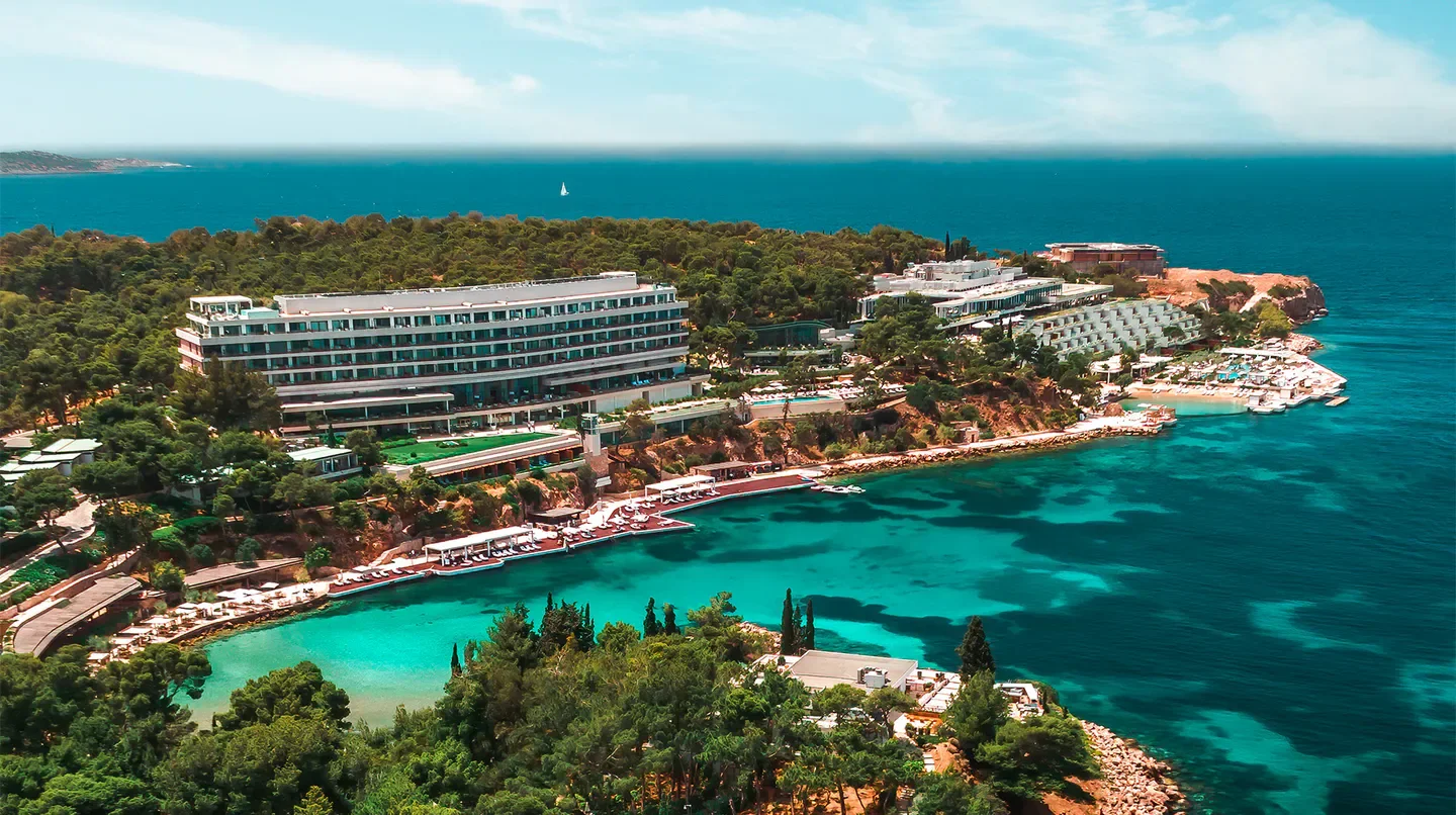 Aerial view of Four Seasons Astir Palace Hotel Athens in stunning Athens seaside setting