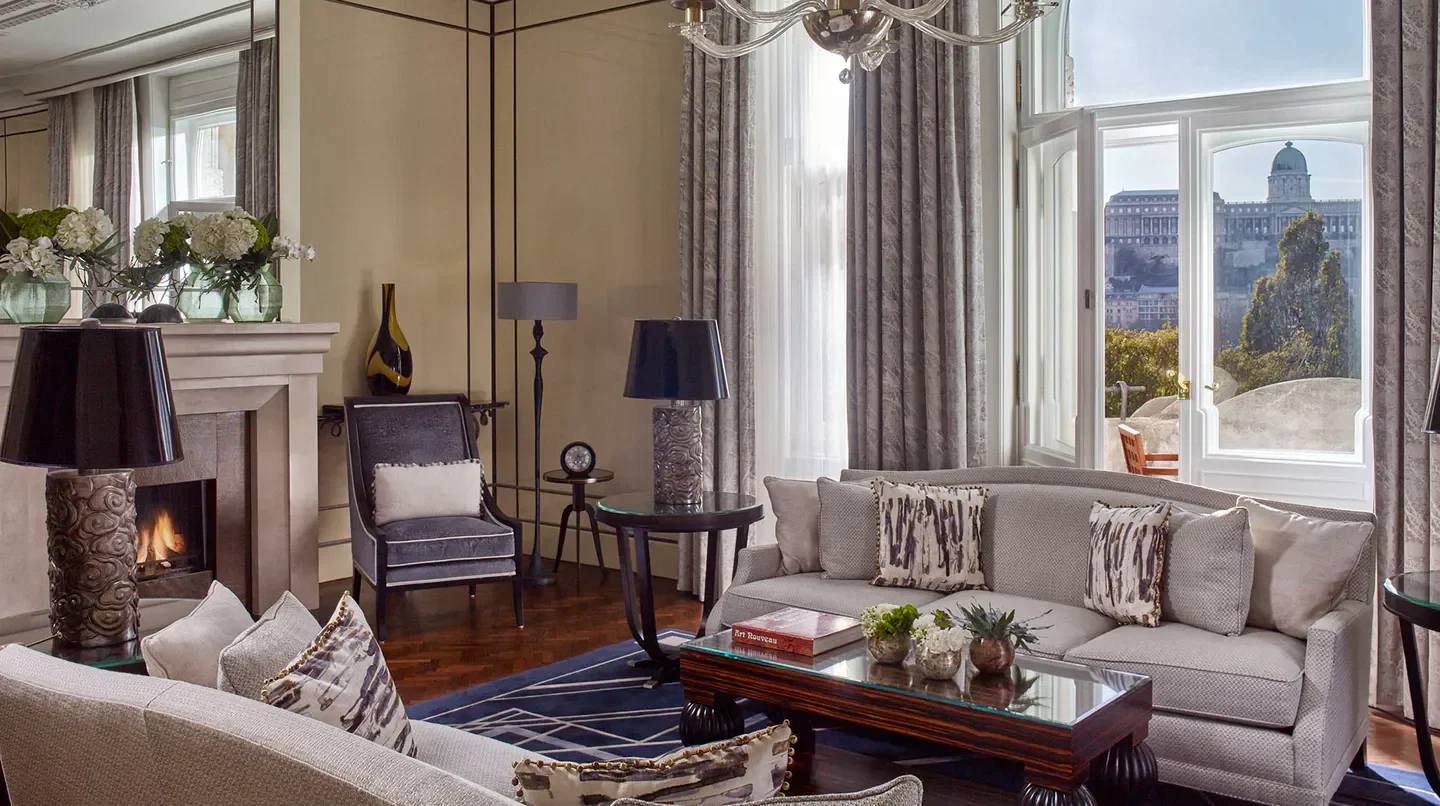 Elegant living area at Four Seasons Hotel Gresham Palace Budapest with city views
