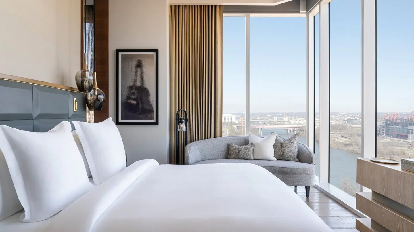 Luxury room at Four Seasons Hotel Nashville with city views, Nashville skyline.