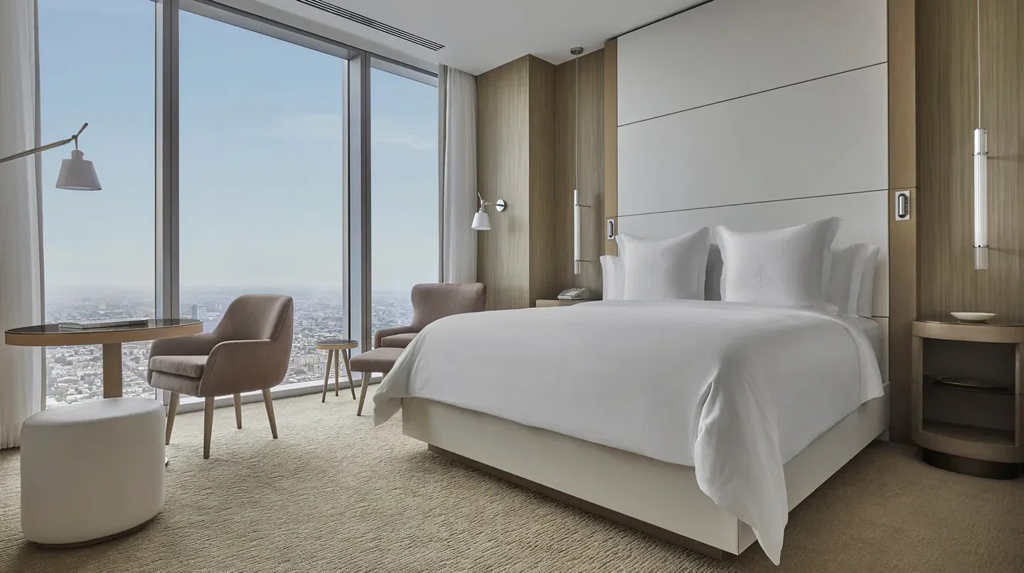 Luxury hotel room at Four Seasons Hotel Philadelphia at Comcast Center with city views