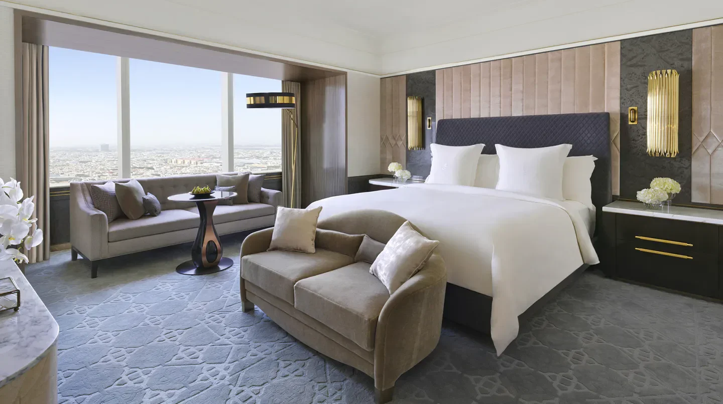 Luxury hotel room at Four Seasons Hotel Riyadh at Kingdom Centre, overlooking Riyadh city.