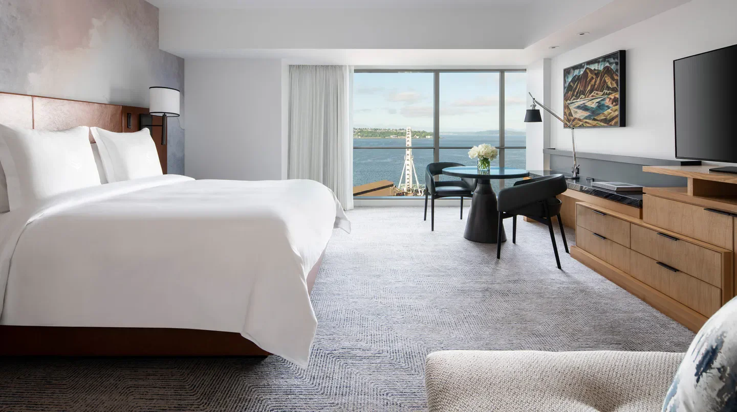 Four Seasons Hotel Seattle room with waterfront view in Seattle, elegant interior.