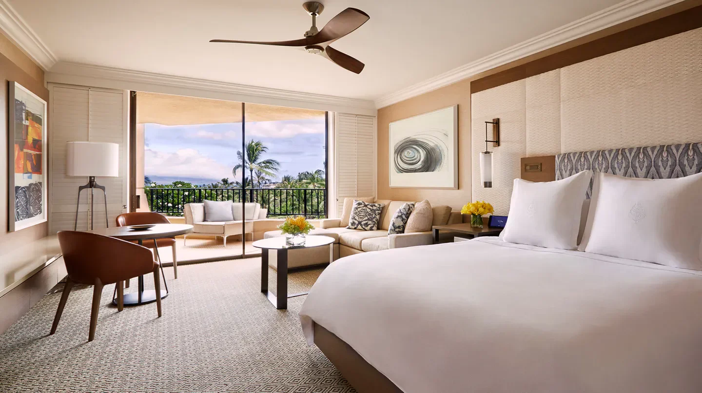 Spacious bedroom at Four Seasons Resort Maui at Wailea with balcony view