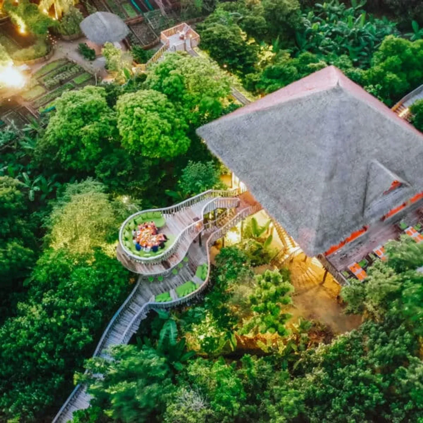 Aerial view of Fresh in the Garden restaurant in Maldives, surrounded by lush greenery