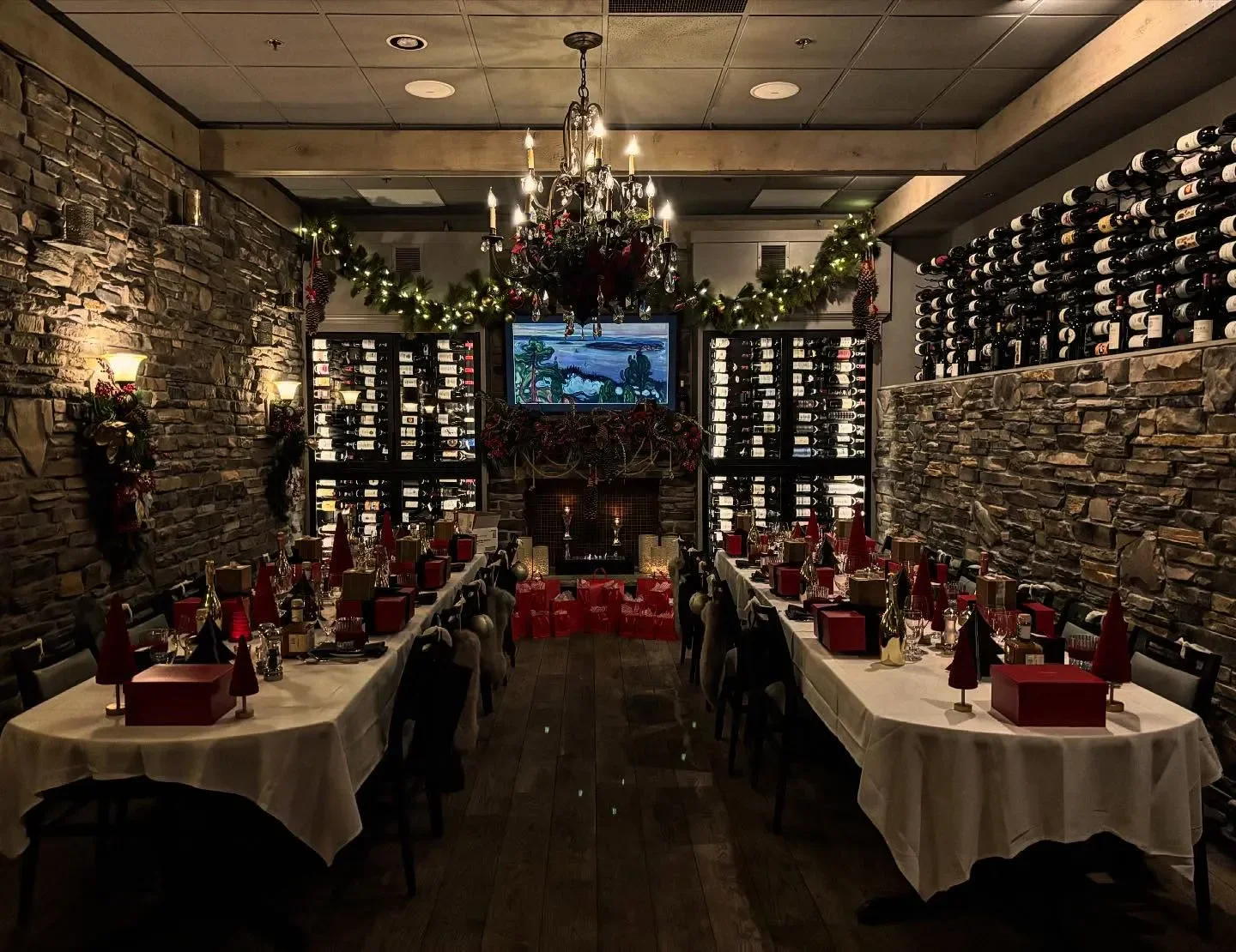 Cozy dining room at Gianni's Steakhouse in Minneapolis, decorated for the holidays.