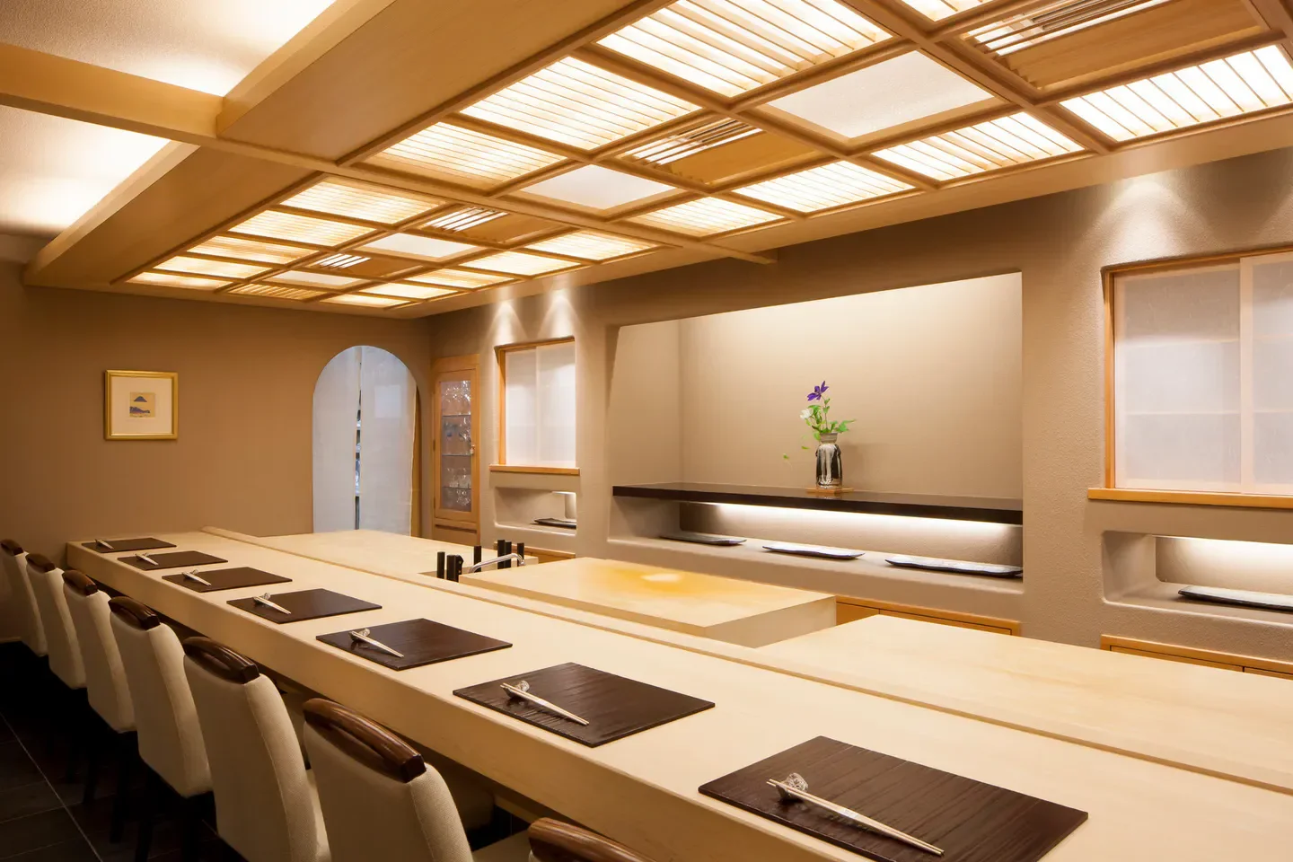 Elegant dining space at Ginza Kojyu restaurant in Tokyo, featuring traditional Japanese design.