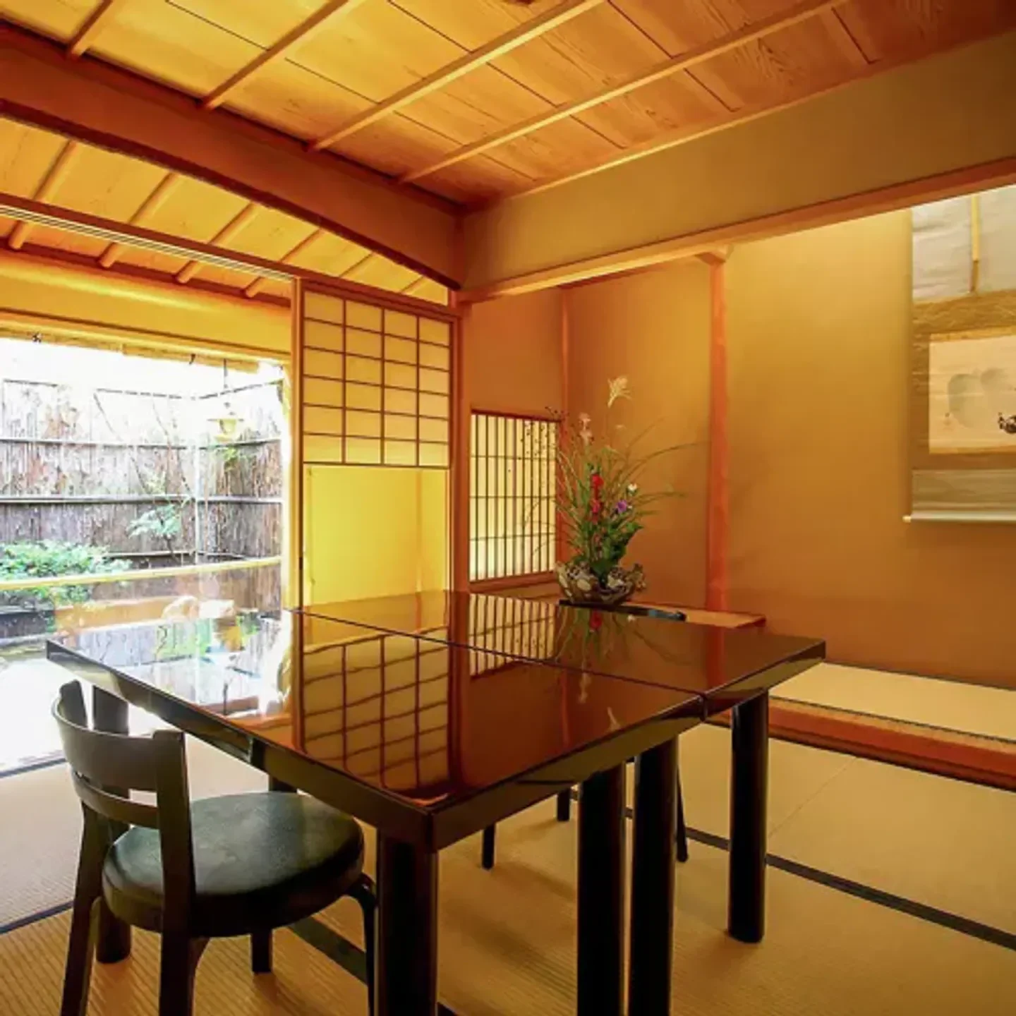 Interior dining space at Gion Maruyama restaurant in Kyoto, featuring a traditional Japanese design.