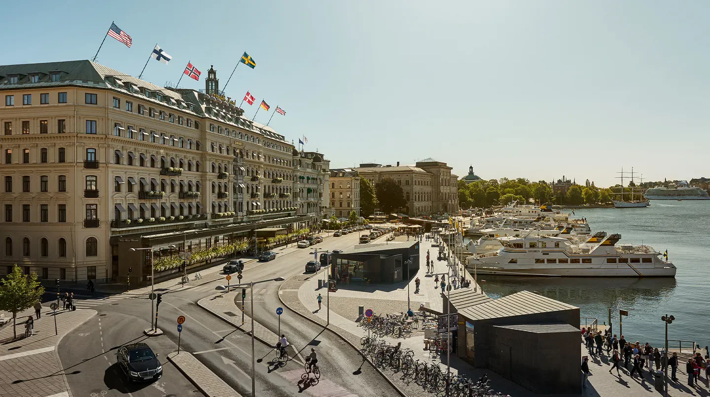 Exterior view of the Grand Hôtel Stockholm, overlooking the harbor in Stockholm.