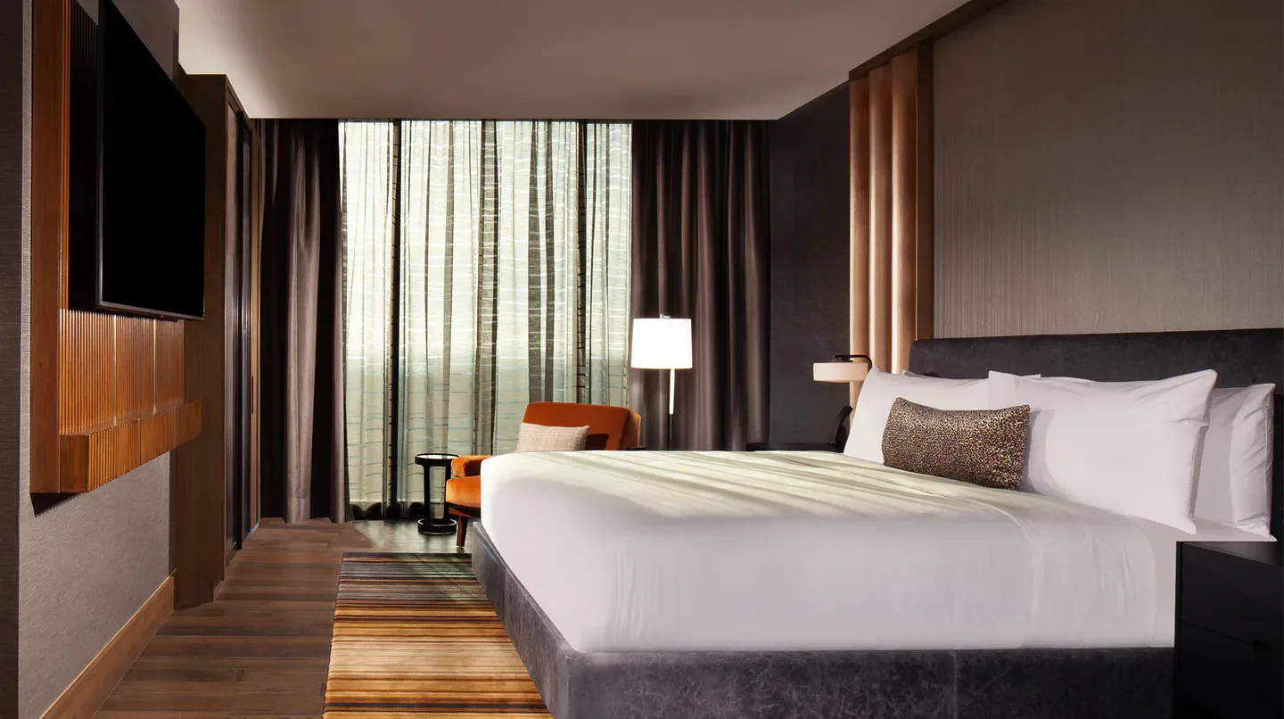 Stylish hotel room at Grand Hyatt Nashville, a luxury hotel in Nashville, with city views