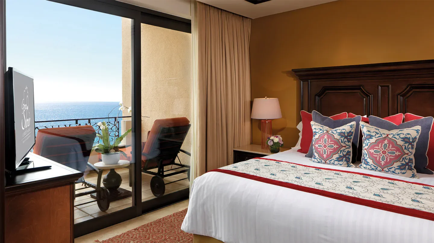 Bedroom view at Grand Solmar Land’s End Resort and Spa in Los Cabos with ocean view.