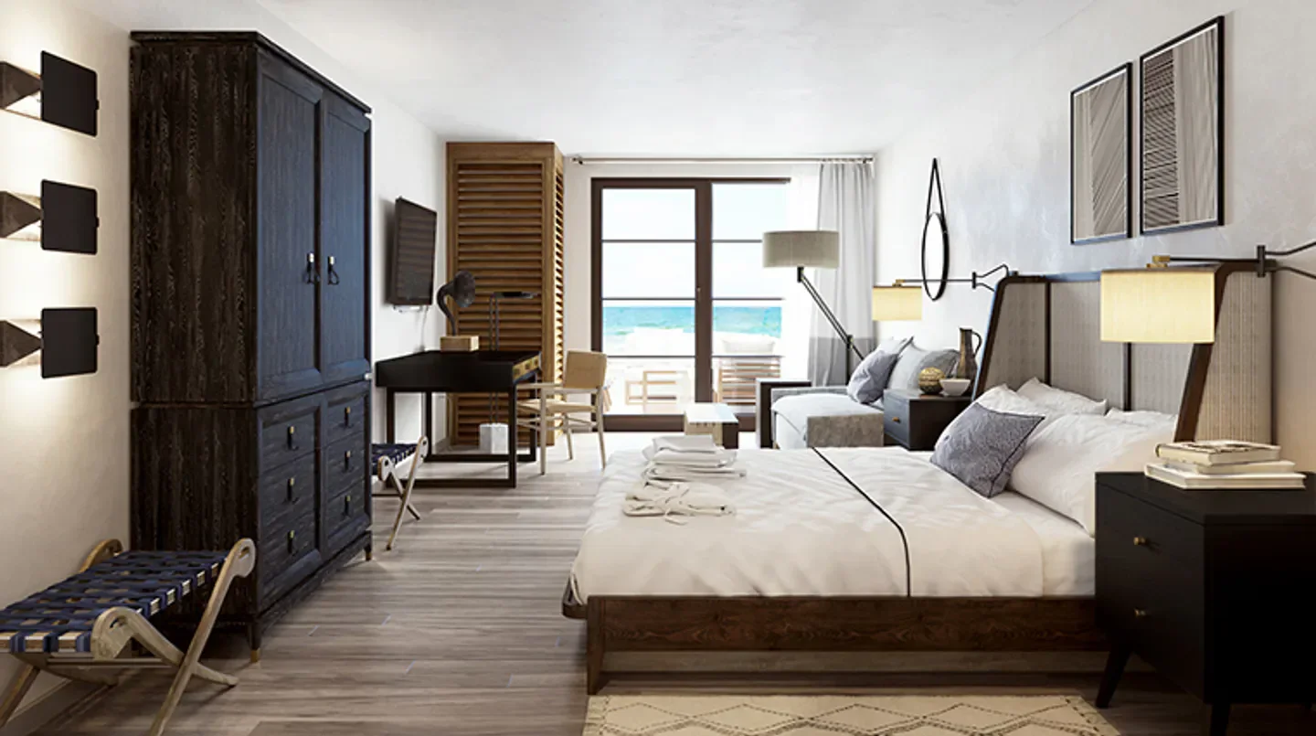 Coastal bedroom at Gurney's Montauk Resort & Seawater Spa in Nantucket, with ocean view.