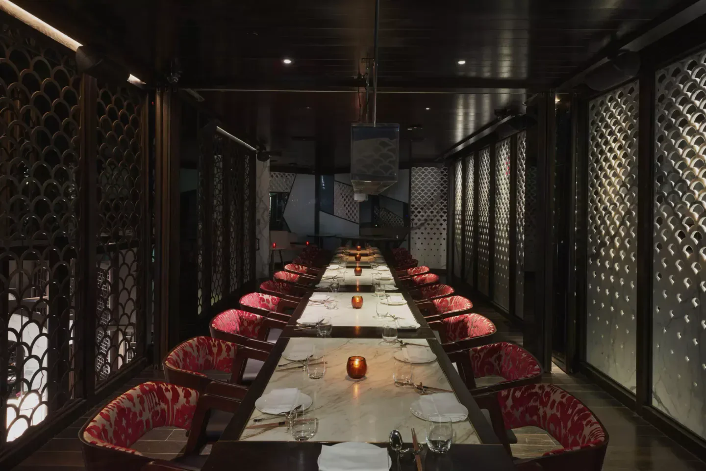 Elegant long table setting at Hakkasan Las Vegas restaurant in Las Vegas, Nevada.