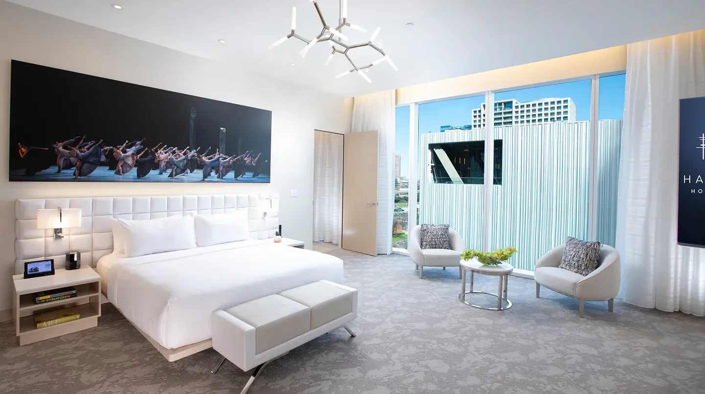 Modern bedroom at HALL Arts Hotel Dallas, Curio Collection by Hilton, in Dallas, Texas