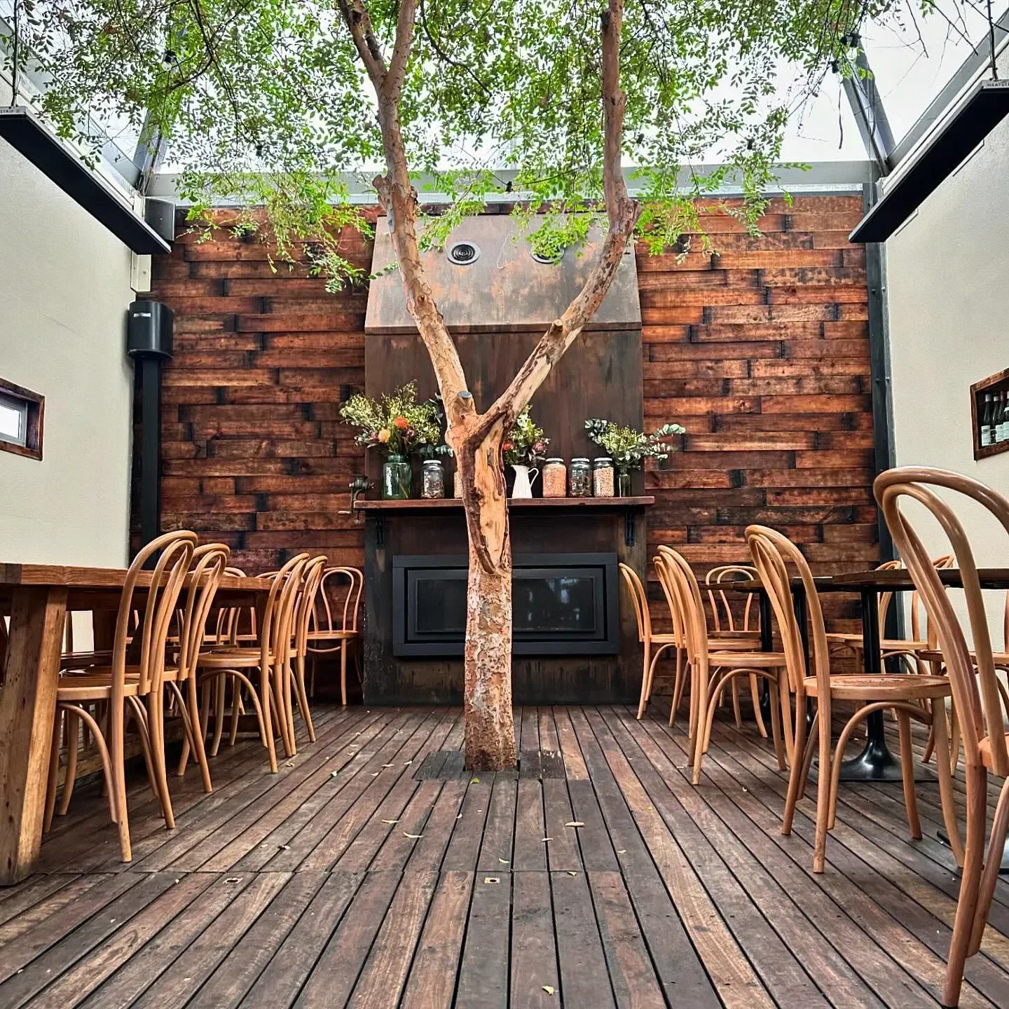 Cozy dining area at Herringbone Adelaide with a unique tree and wooden decor.
