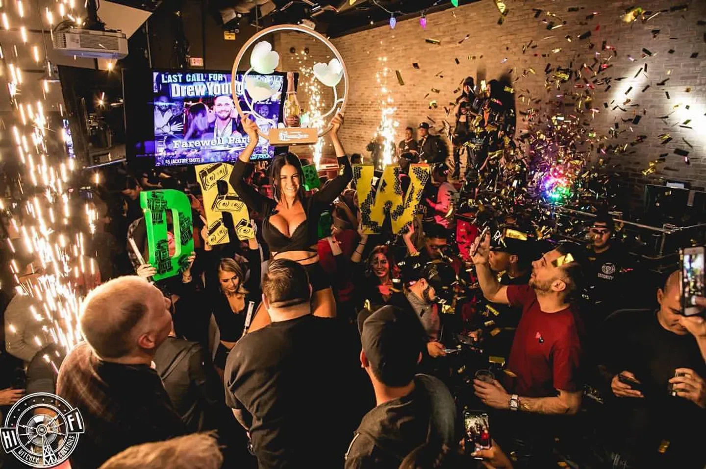 Celebratory party at HiFi in Scottsdale with confetti and a lively crowd.