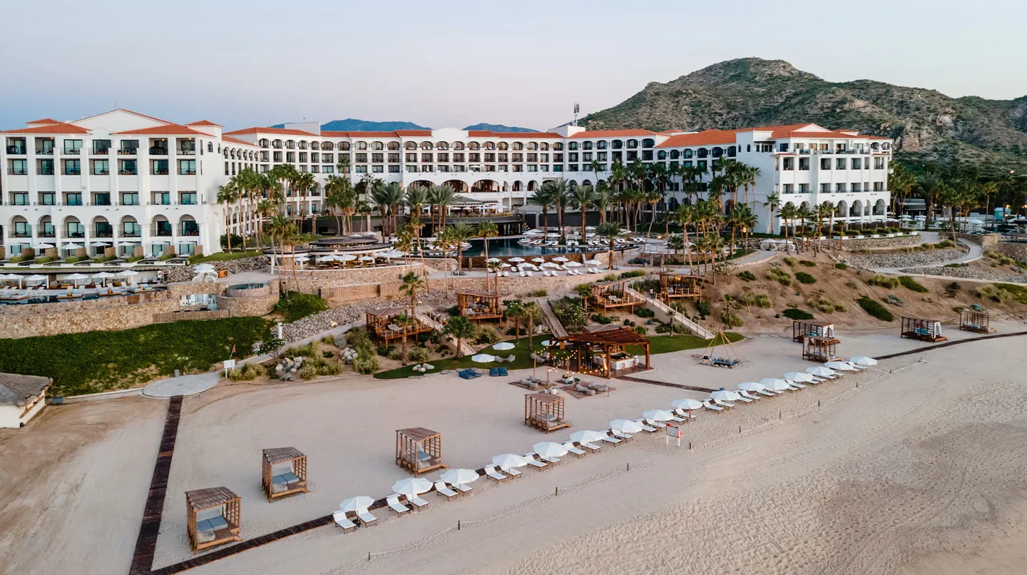 Aerial view of Hilton Los Cabos Beach & Golf Resort in Los Cabos, overlooking the beach.