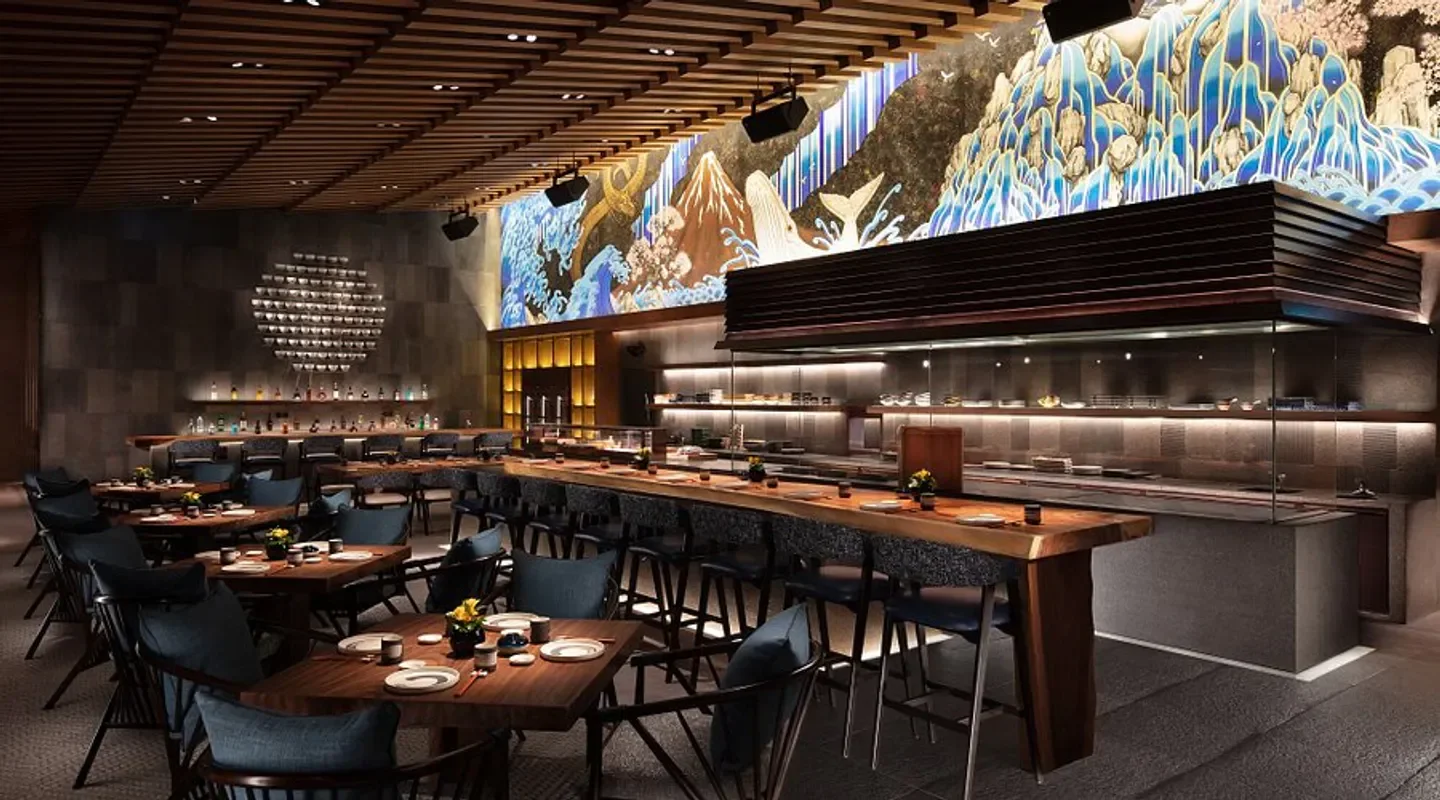 Interior view of Hiro by Hiroshi Kagata restaurant in Macau, showcasing modern design.