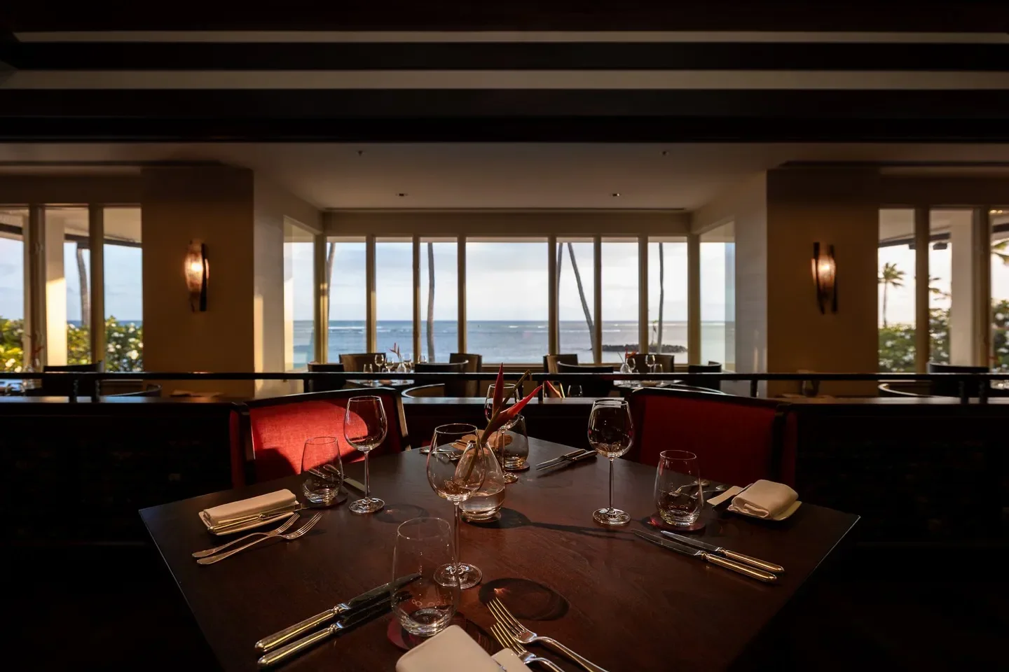 Elegant dining at Hoku's restaurant in Honolulu, with ocean views and table setting