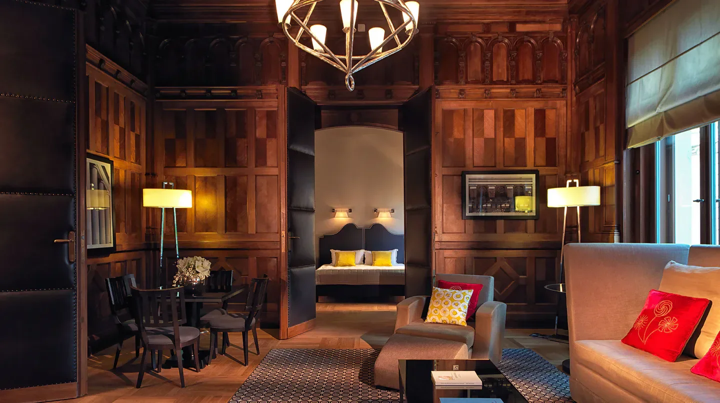 Elegant interior at Hotel de Rome, a Rocco Forte Hotel in Berlin with wooden paneling.