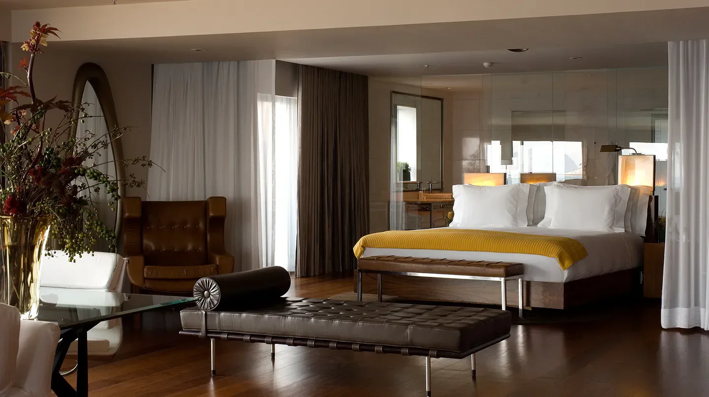 Luxury bedroom interior at Hotel Fasano Rio de Janeiro, with modern design and natural light.