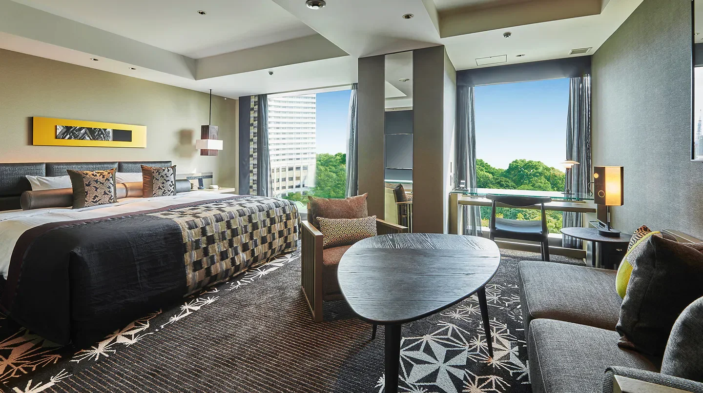 Luxury room interior at Hotel New Otani Tokyo The Main with city view in Tokyo.